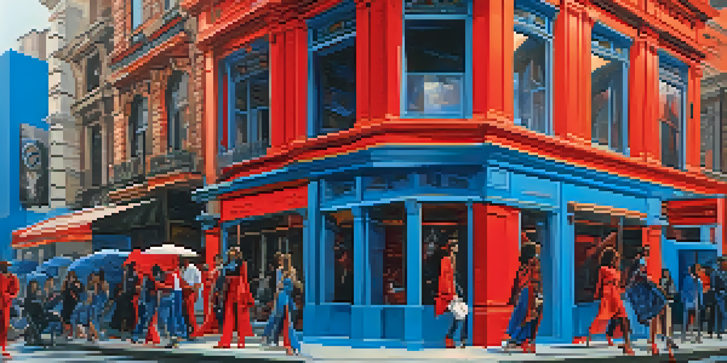 A lively urban scene with models wearing a mix of luxury and street fashion, showcasing vibrant colors and textures under soft natural light.