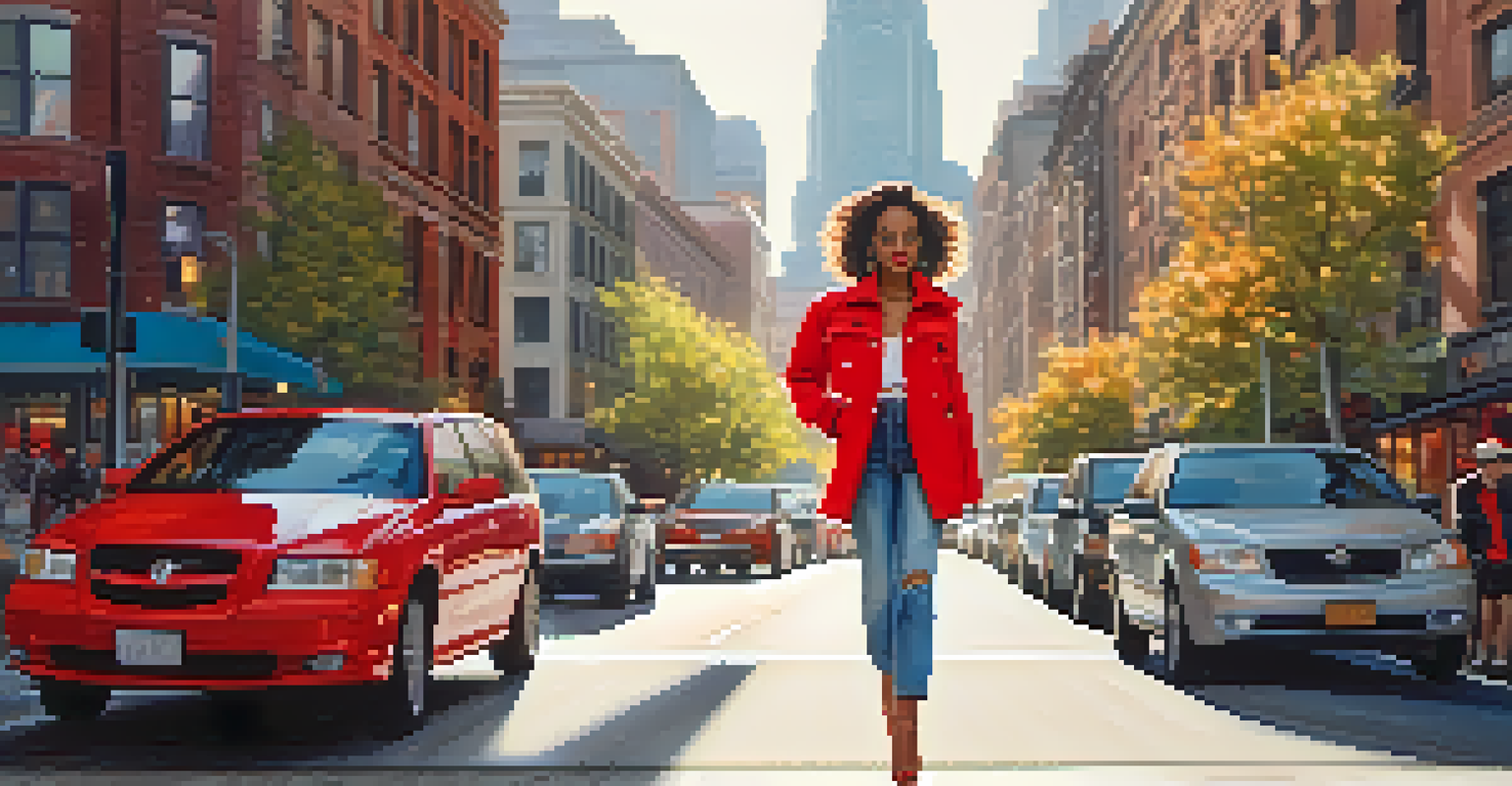A fashion illustration of a model in a vibrant red jacket in a lively cityscape, with bright sunlight and dynamic shadows.