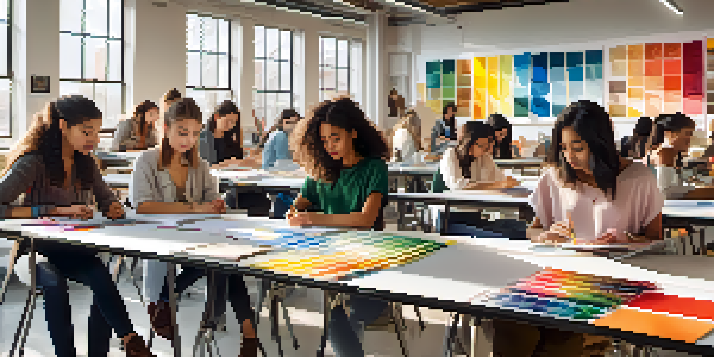 A diverse group of fashion students collaborating on a design project in a brightly lit classroom filled with colorful fabrics and sketches.