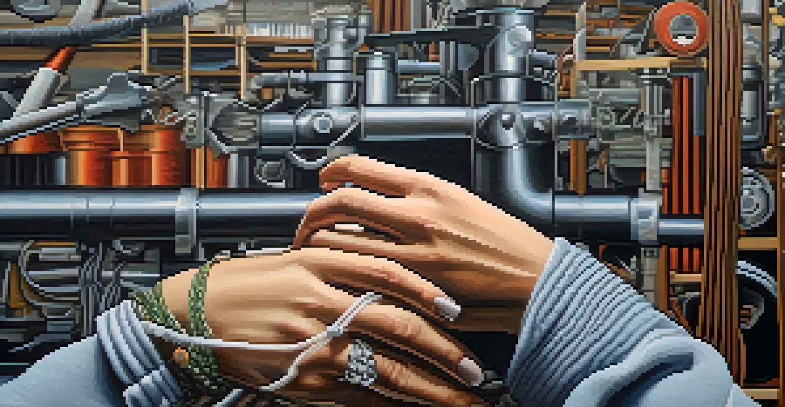 Close-up of hands holding a recycled fabric clothing item, with a modern textile factory in the background showcasing efficient manufacturing.