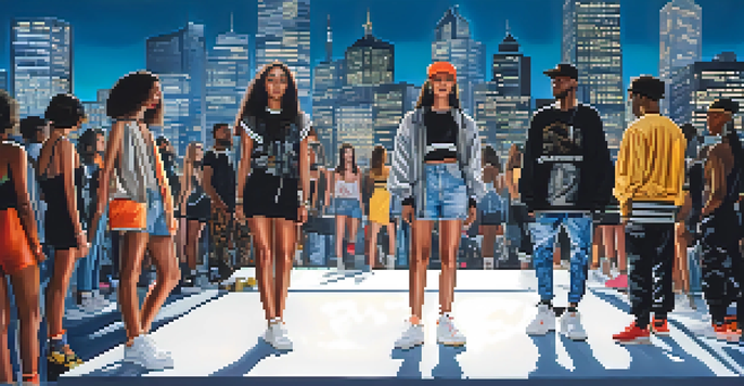 Models showcasing streetwear footwear on a rooftop fashion show with a city skyline in the background.