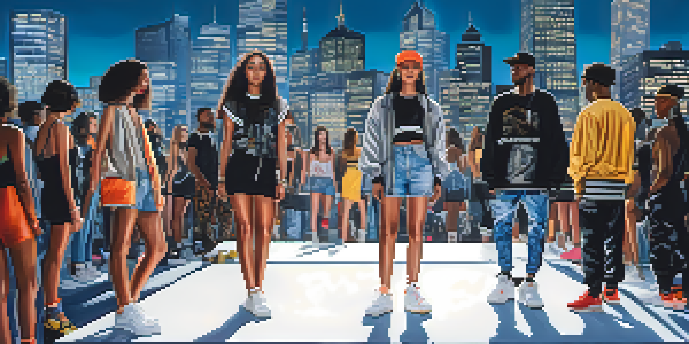 Models showcasing streetwear footwear on a rooftop fashion show with a city skyline in the background.