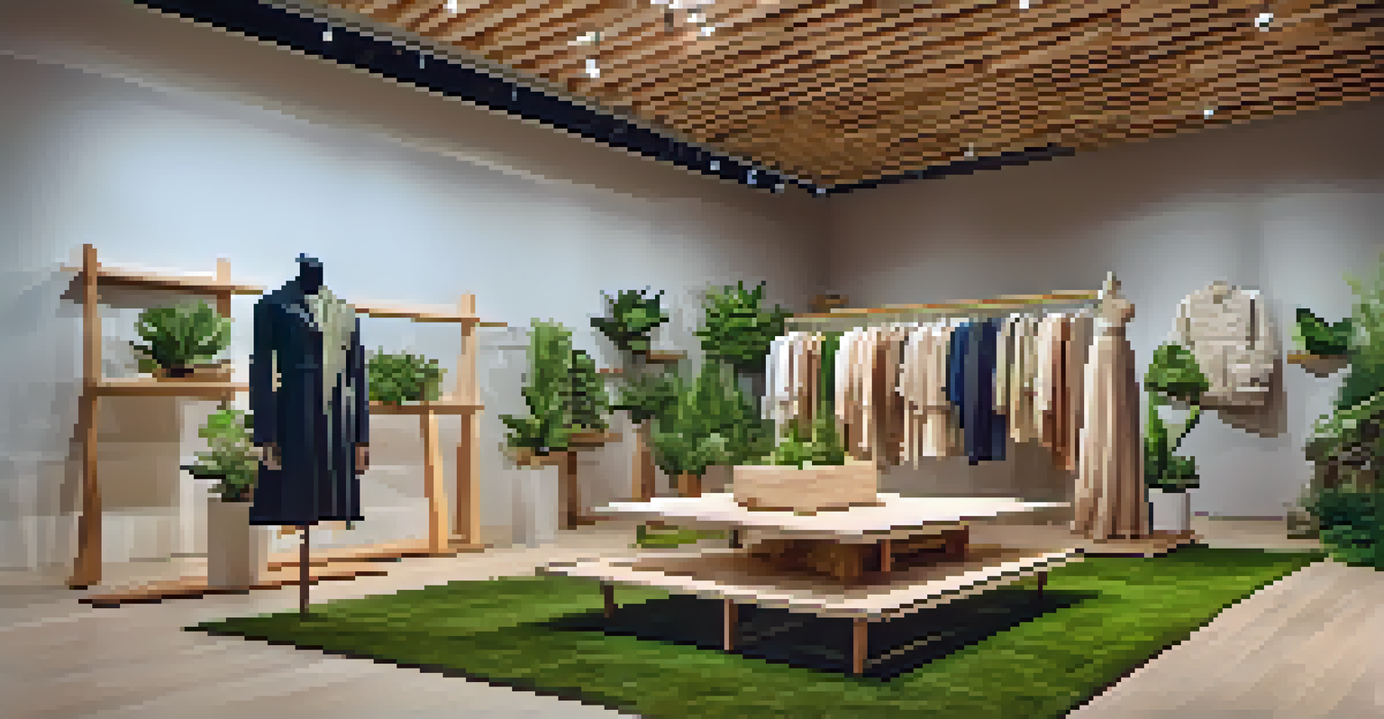 A display of eco-friendly clothing made from sustainable materials, surrounded by natural textures and plants.