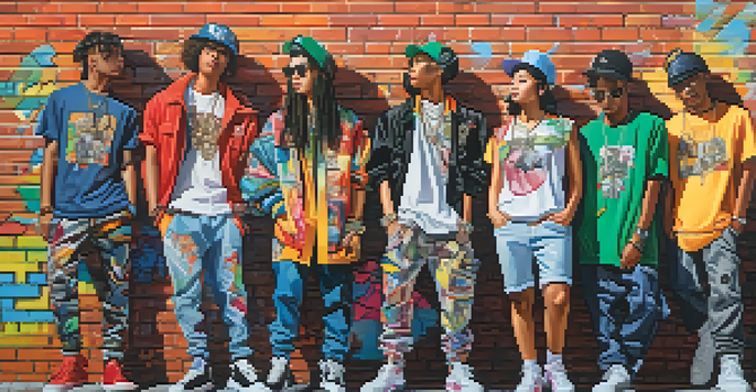 A diverse group of young people in stylish streetwear surrounded by colorful graffiti, embodying the fusion of fashion and music in youth culture.
