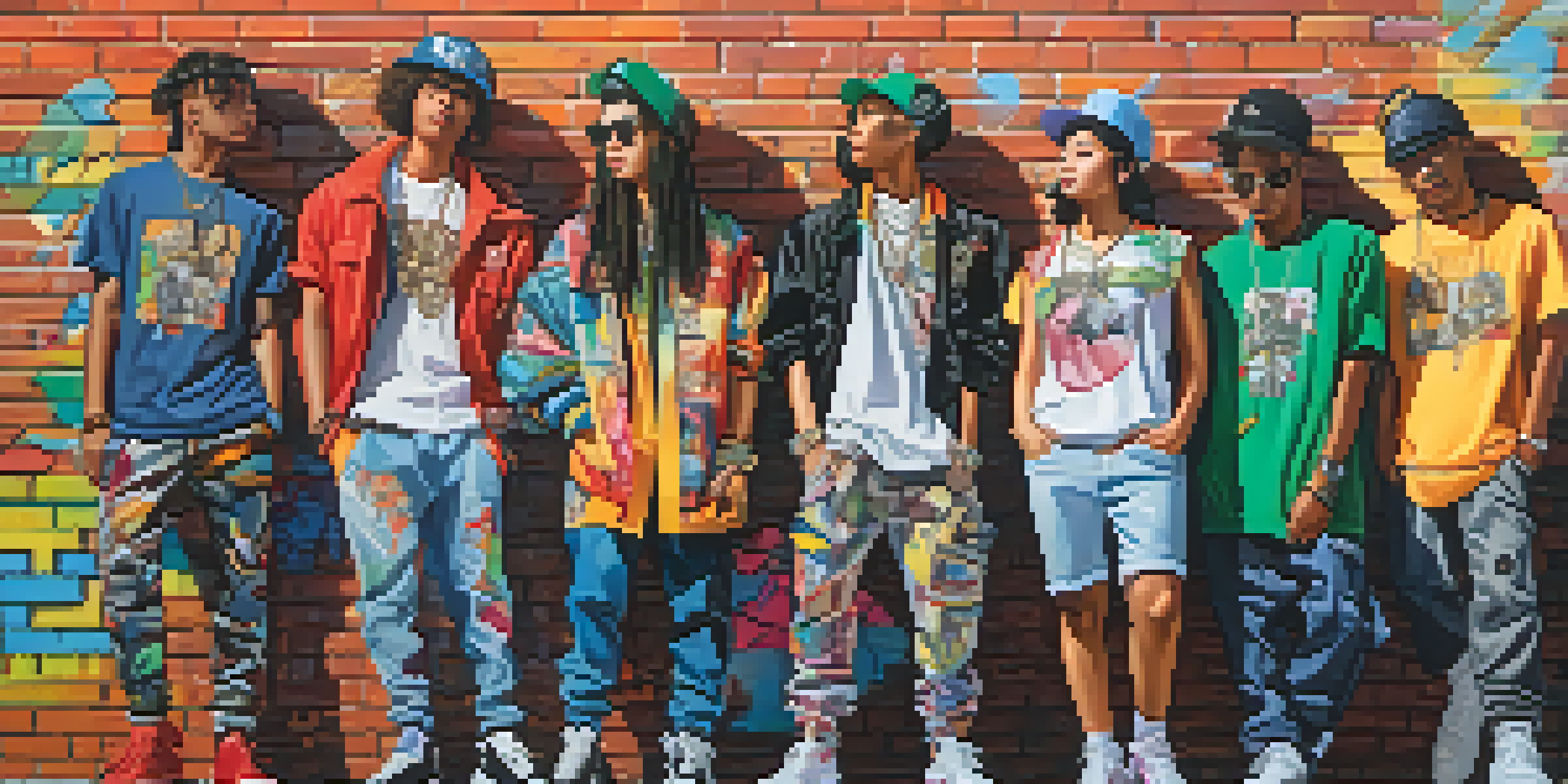 A diverse group of young people in stylish streetwear surrounded by colorful graffiti, embodying the fusion of fashion and music in youth culture.