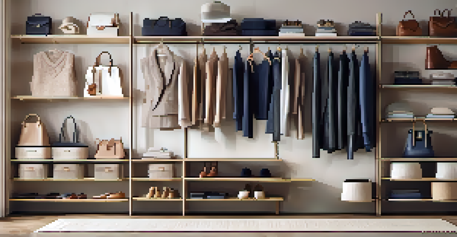 A stylish closet showcasing a capsule wardrobe with versatile clothing and accessories under warm light.