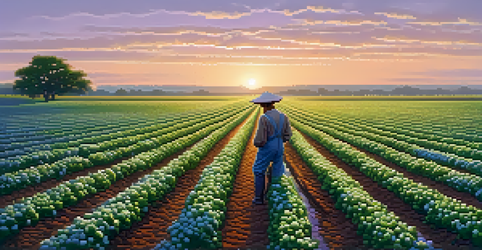A peaceful cotton field at dawn with green cotton plants and a farmer inspecting them in the distance.
