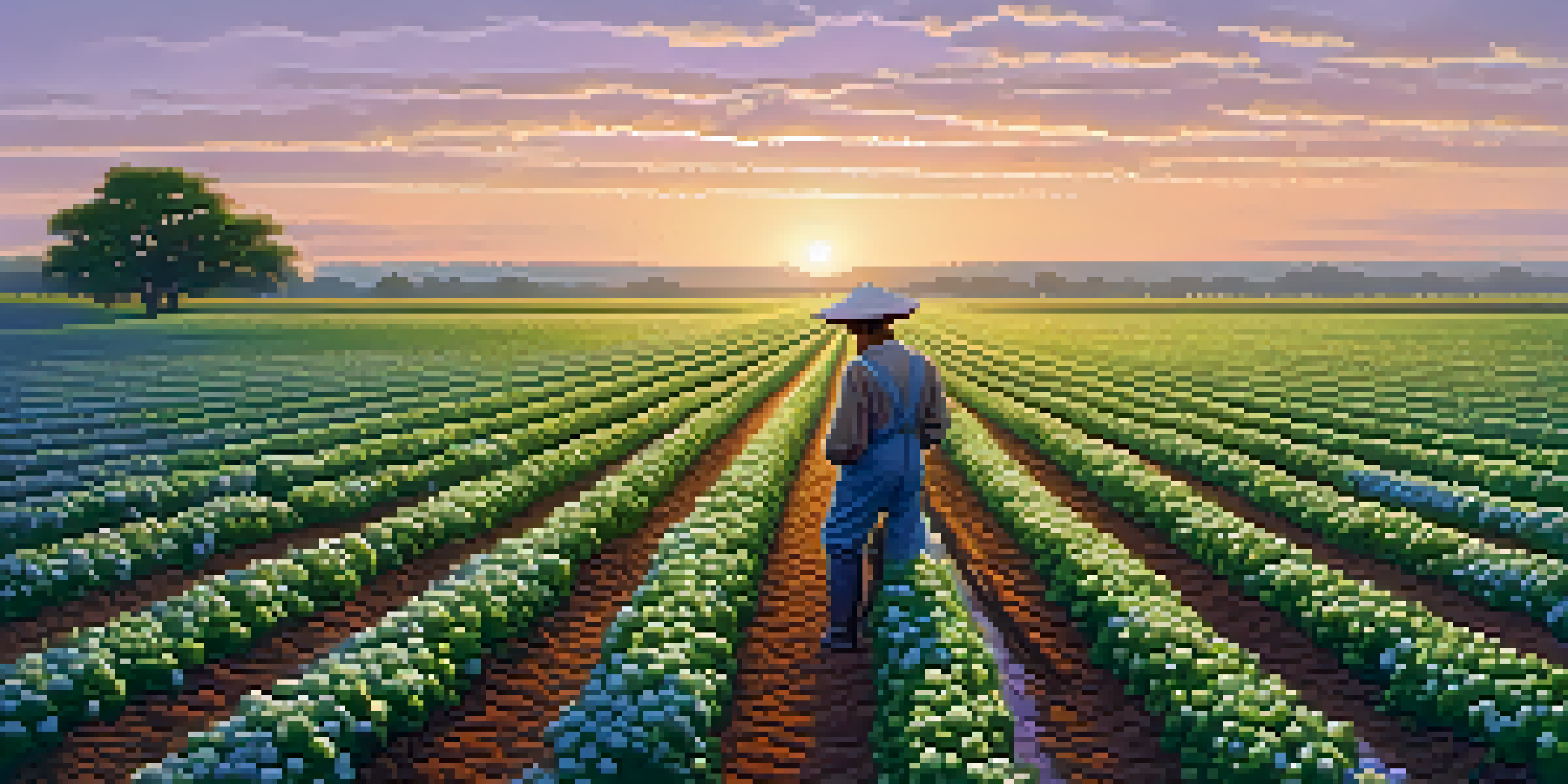 A peaceful cotton field at dawn with green cotton plants and a farmer inspecting them in the distance.