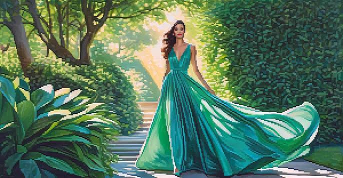 A fashion illustration of a model in an elegant gown made from eco-friendly materials, set in a sunlit garden.