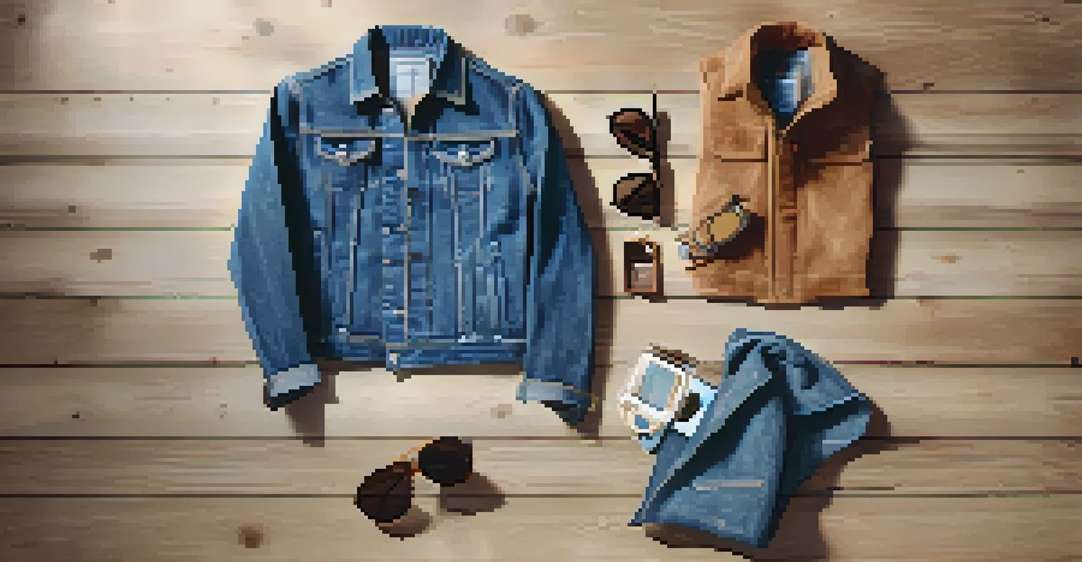 A flat lay of a vintage denim jacket, sunglasses, and eco-friendly accessories on a textured wooden surface, illuminated by soft natural light.