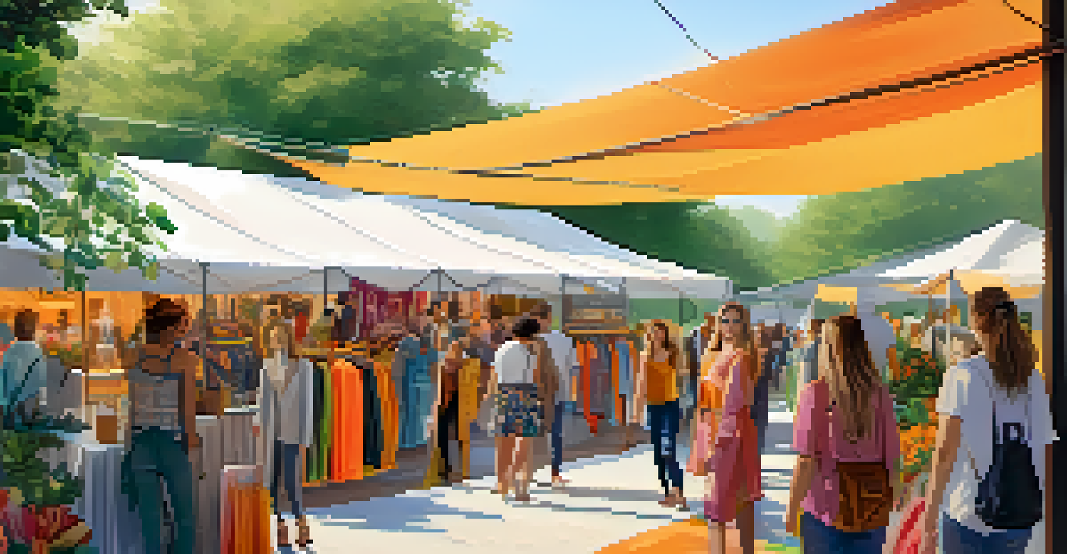 An outdoor market featuring sustainable clothing made by gig workers, with colorful tents and shoppers interacting with designers in a green environment.