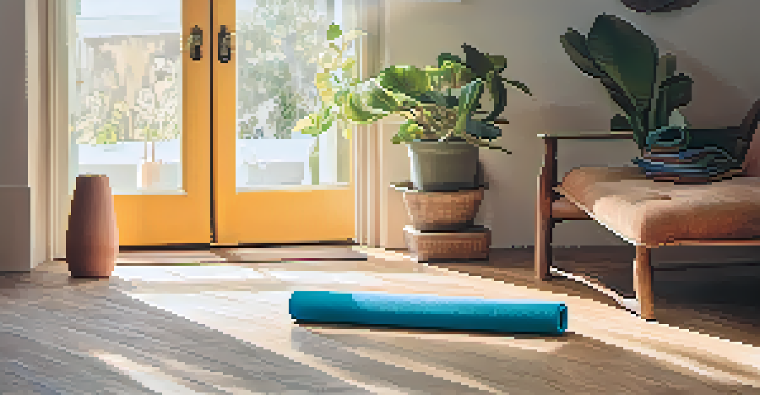 Close-up of colorful sneakers and a yoga mat in a bright room, emphasizing style and fitness.