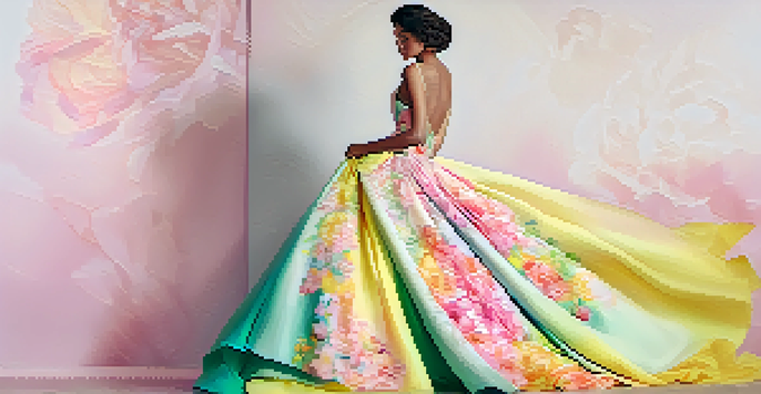 A colorful fashion illustration of a model wearing a flowing gown with floral patterns against a pastel background.