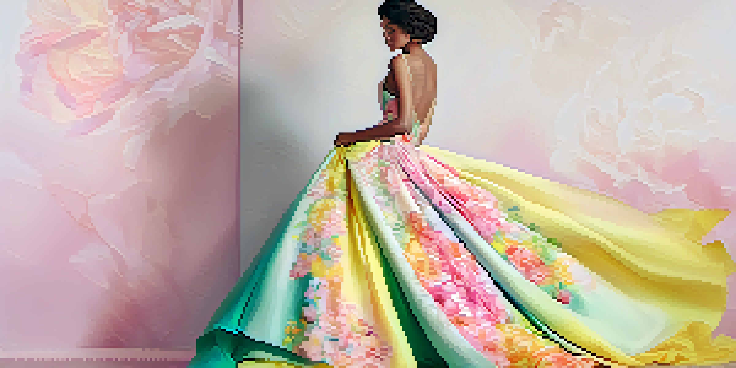 A colorful fashion illustration of a model wearing a flowing gown with floral patterns against a pastel background.