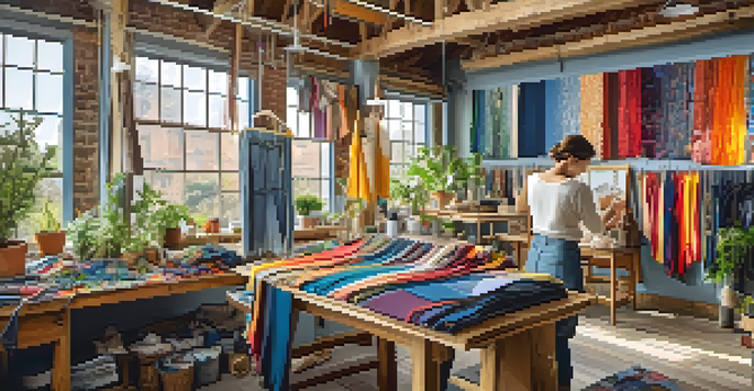An artisan workshop showcasing colorful upcycled clothing and a designer working on a patchwork garment, surrounded by sewing tools and fabric swatches.