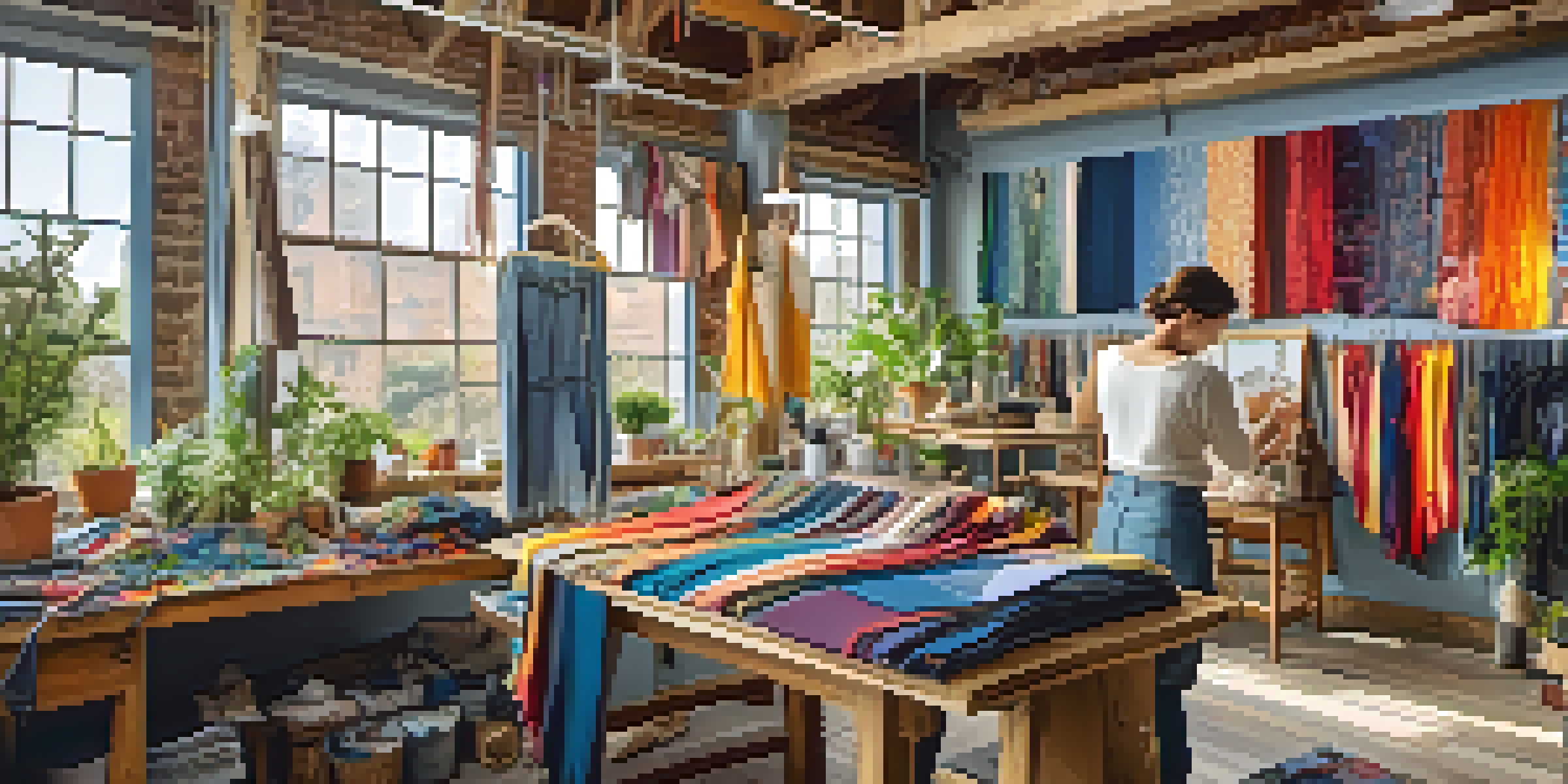An artisan workshop showcasing colorful upcycled clothing and a designer working on a patchwork garment, surrounded by sewing tools and fabric swatches.