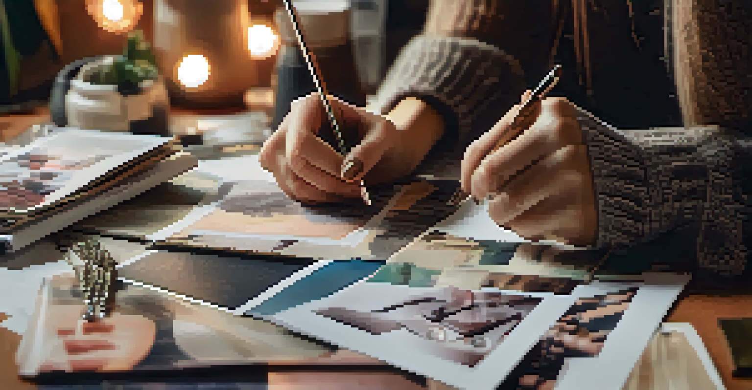 Close-up of hands assembling a mood board with magazine clippings and fabric samples, set in a softly lit creative workspace.