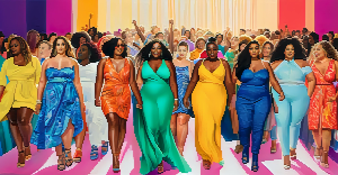 A lively fashion runway with diverse plus-size models in colorful outfits, surrounded by an enthusiastic audience.