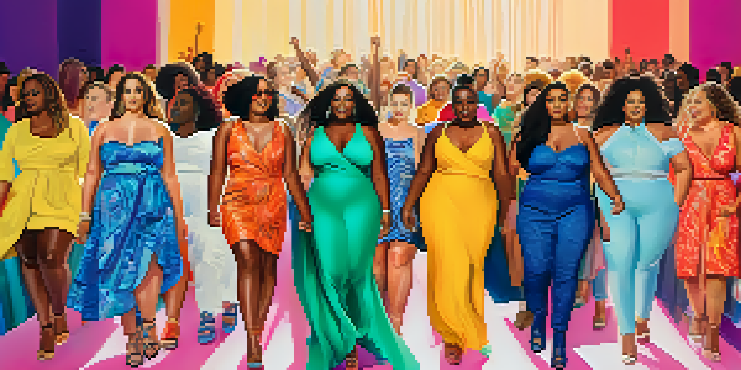 A lively fashion runway with diverse plus-size models in colorful outfits, surrounded by an enthusiastic audience.
