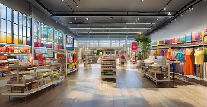 A bright and inviting retail store with wide aisles and colorful displays, filled with shoppers exploring various sections.