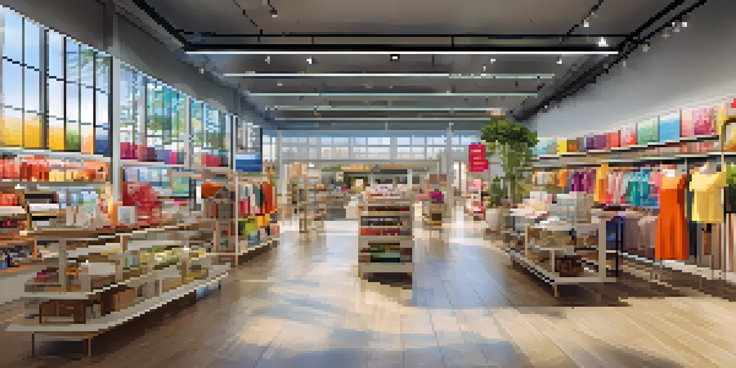 A bright and inviting retail store with wide aisles and colorful displays, filled with shoppers exploring various sections.