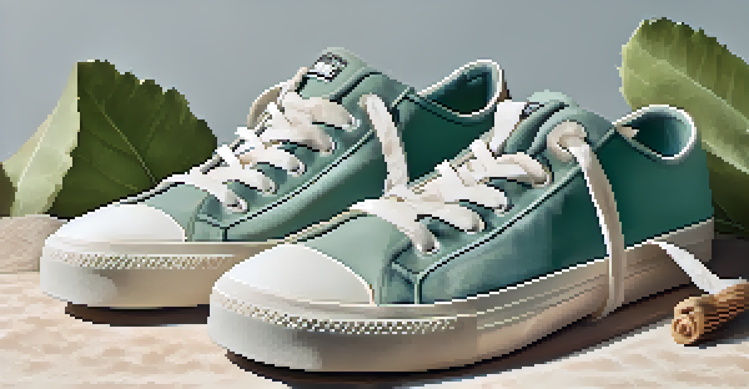 A close-up of stylish eco-friendly sneakers on a textured surface, with soft lighting emphasizing their design.