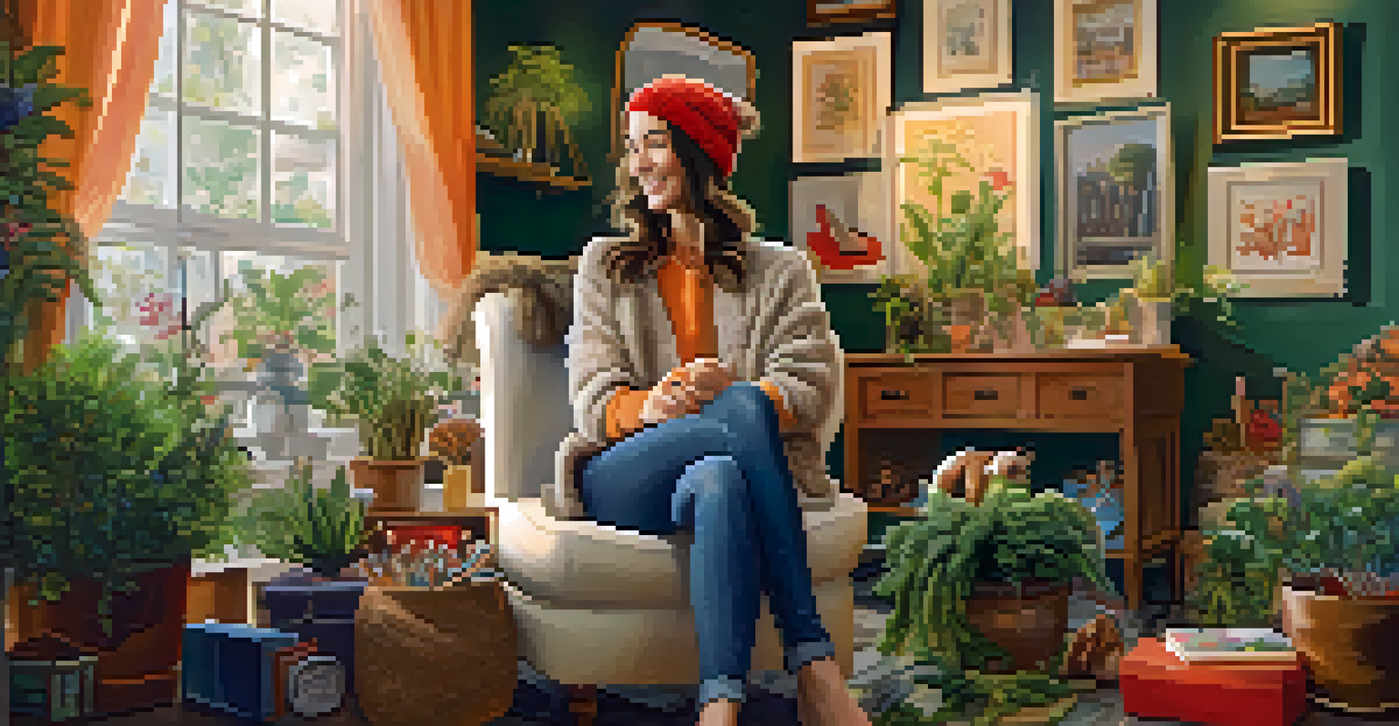 A young woman in a cozy room, happily trying on various fashion accessories while sitting in a plush chair, surrounded by plants.