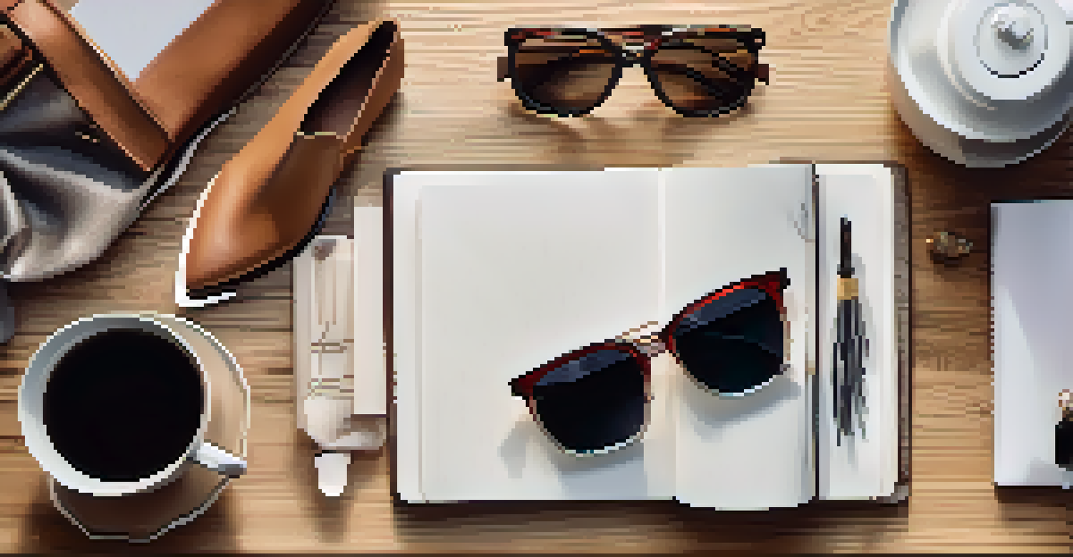 An elegant flat lay of fashion items including a handbag, sunglasses, and a notebook on a wooden table.