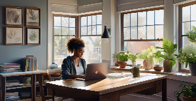 A woman in athleisure attire working at a home office desk with a laptop, surrounded by plants and warm natural light.