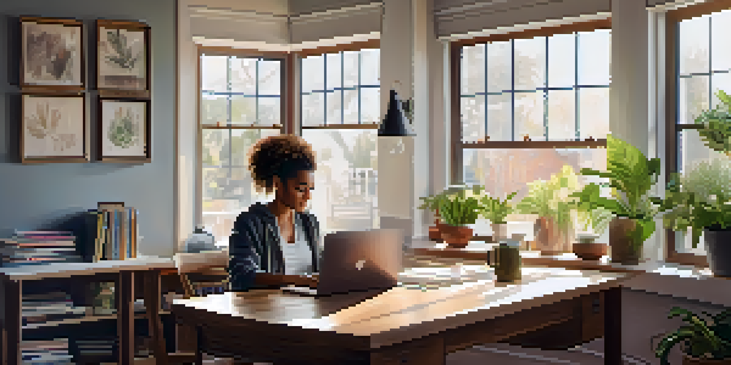 A woman in athleisure attire working at a home office desk with a laptop, surrounded by plants and warm natural light.