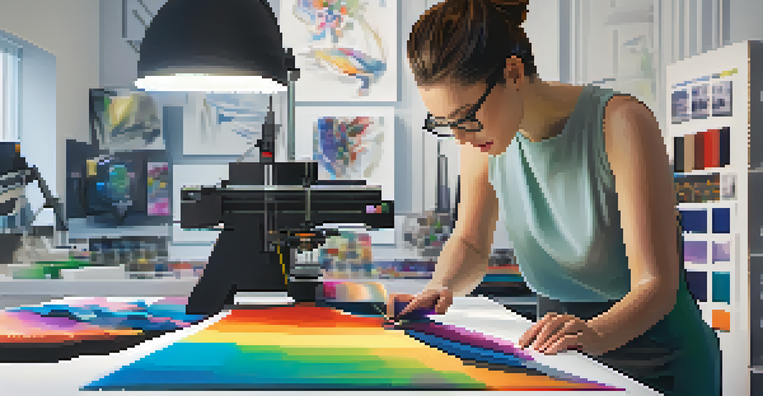 A fashion designer operating a 3D printer in a colorful studio, creating biodegradable shoes, with design elements visible in the background.