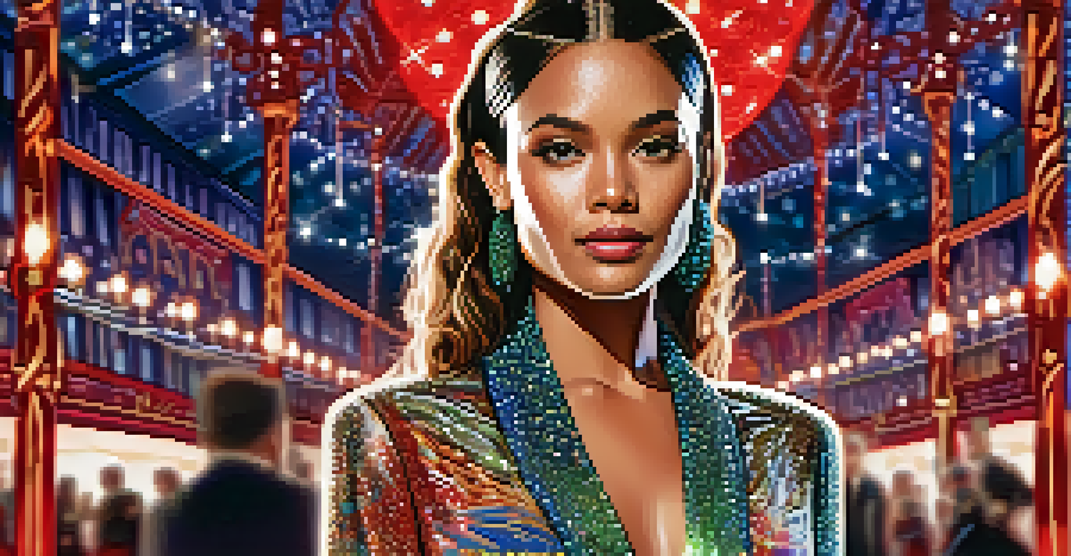 A celebrity in an eco-friendly outfit at a glamorous red carpet event, showcasing intricate details.