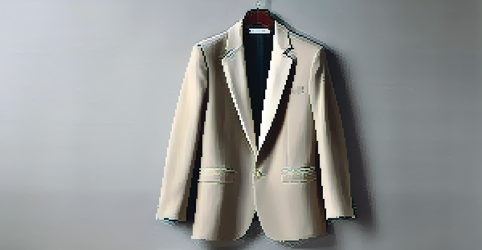 A neutral-colored blazer on a wooden hanger against a soft gray background, showcasing a minimalist fashion aesthetic.
