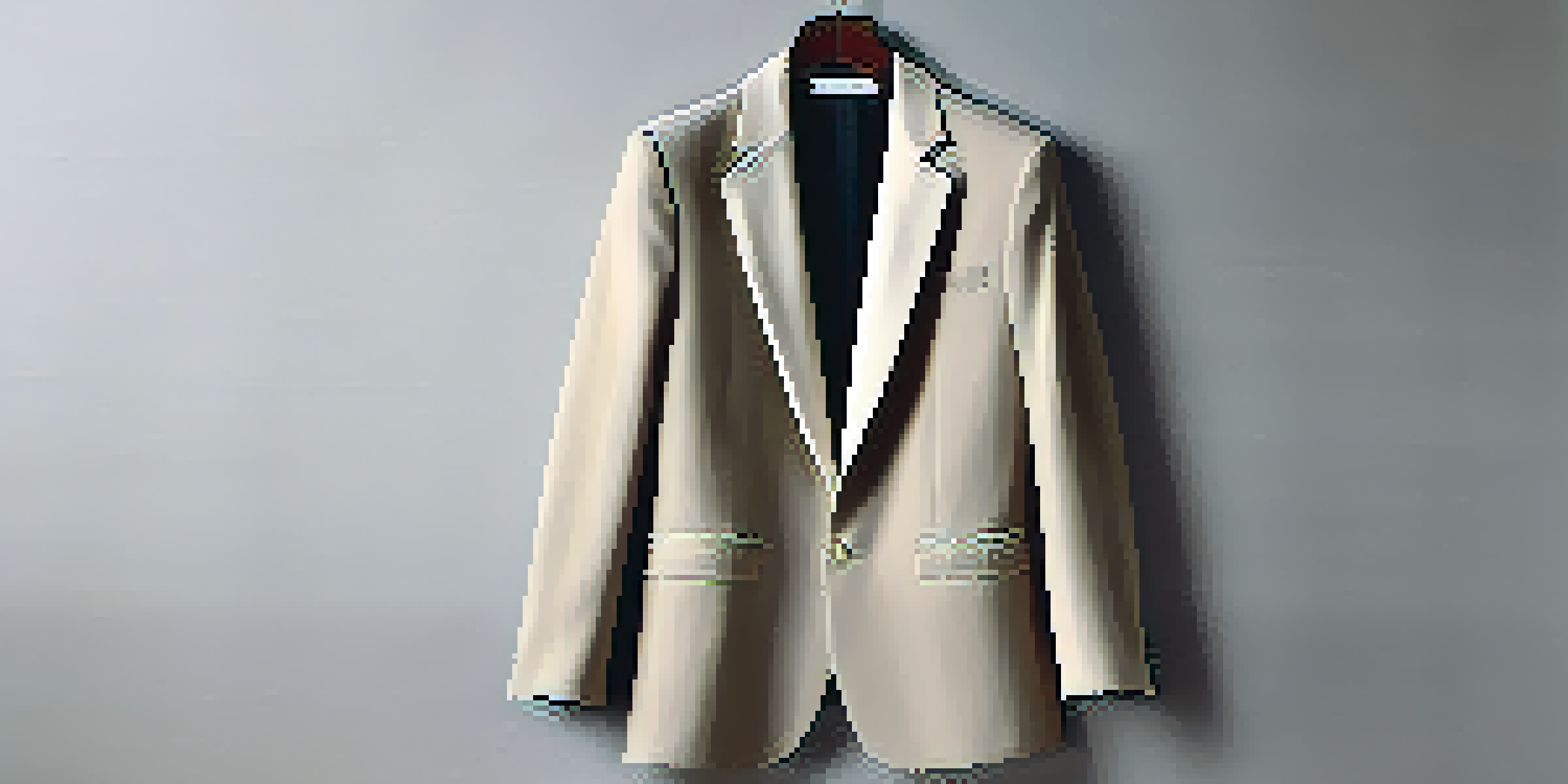 A neutral-colored blazer on a wooden hanger against a soft gray background, showcasing a minimalist fashion aesthetic.