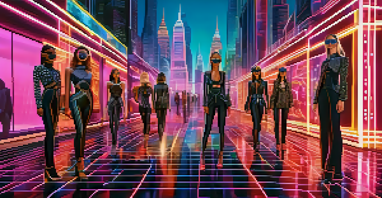 A futuristic virtual reality fashion show featuring digital avatars in eco-friendly designs, set against a neon-lit cityscape.