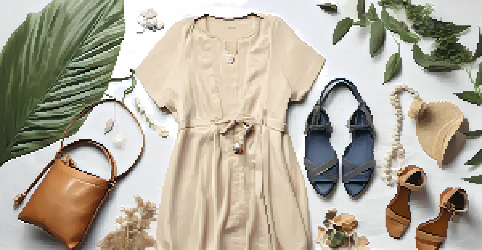 A flat lay of a sustainable fashion outfit including a recycled dress and eco-friendly accessories on a light fabric background adorned with natural elements.