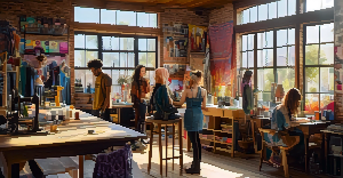 A workshop filled with diverse individuals crafting unique clothing. Sunlight streams through the windows, illuminating fabric swatches and handmade garments.