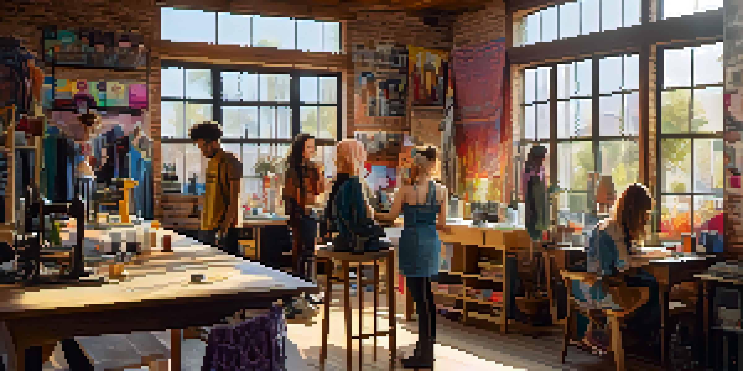 A workshop filled with diverse individuals crafting unique clothing. Sunlight streams through the windows, illuminating fabric swatches and handmade garments.