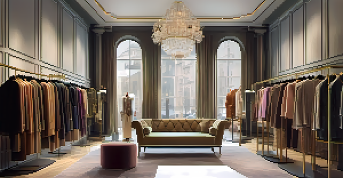 An elegant interior of a luxury fashion boutique with clothing racks, soft lighting, and stylish decor.