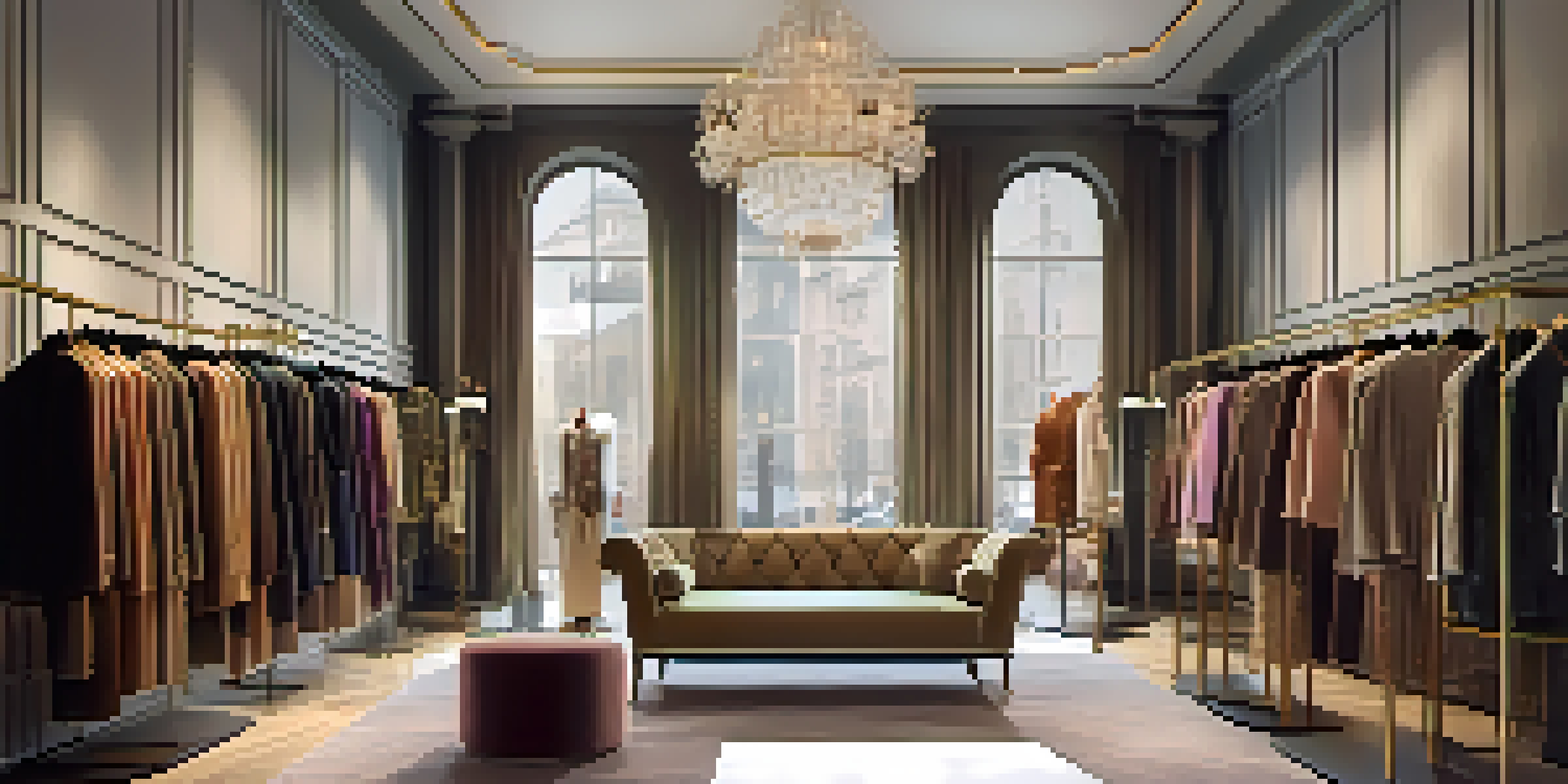 An elegant interior of a luxury fashion boutique with clothing racks, soft lighting, and stylish decor.