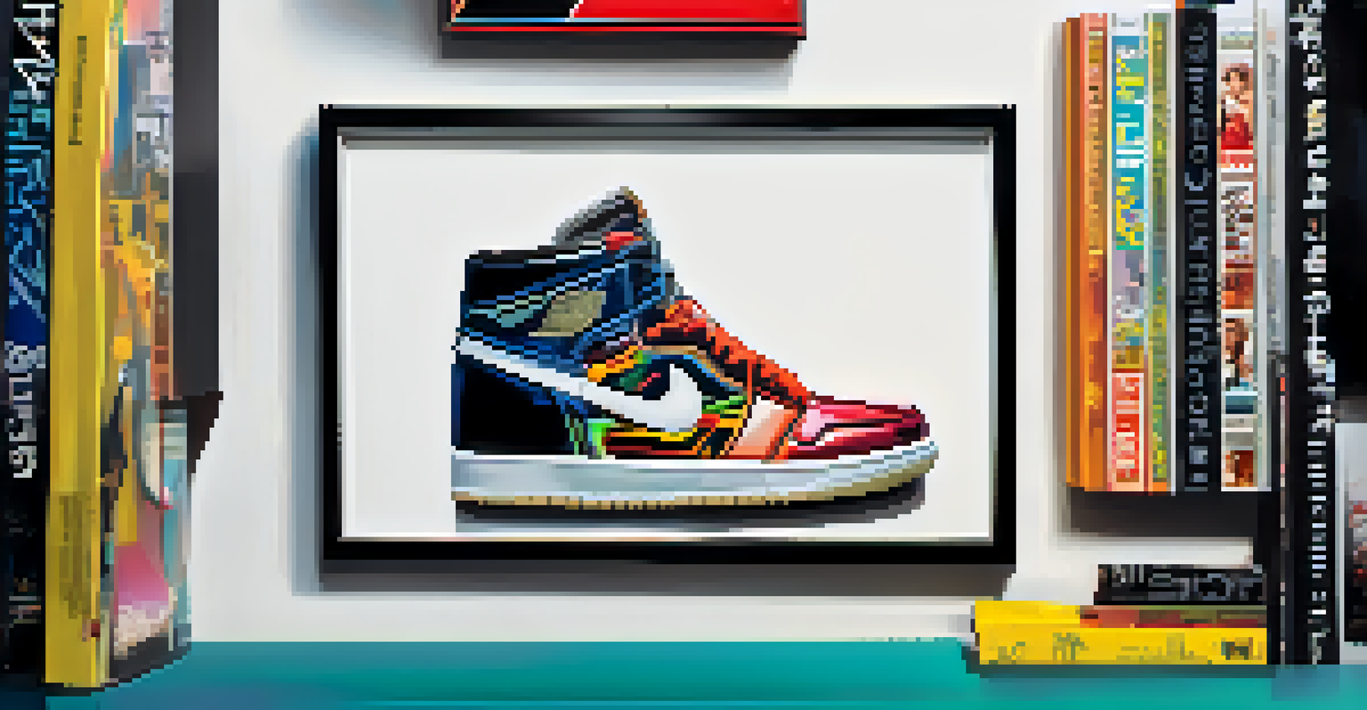 A close-up of a limited edition sneaker from a celebrity collaboration, displayed on a pedestal with blurred fashion magazines in the background.