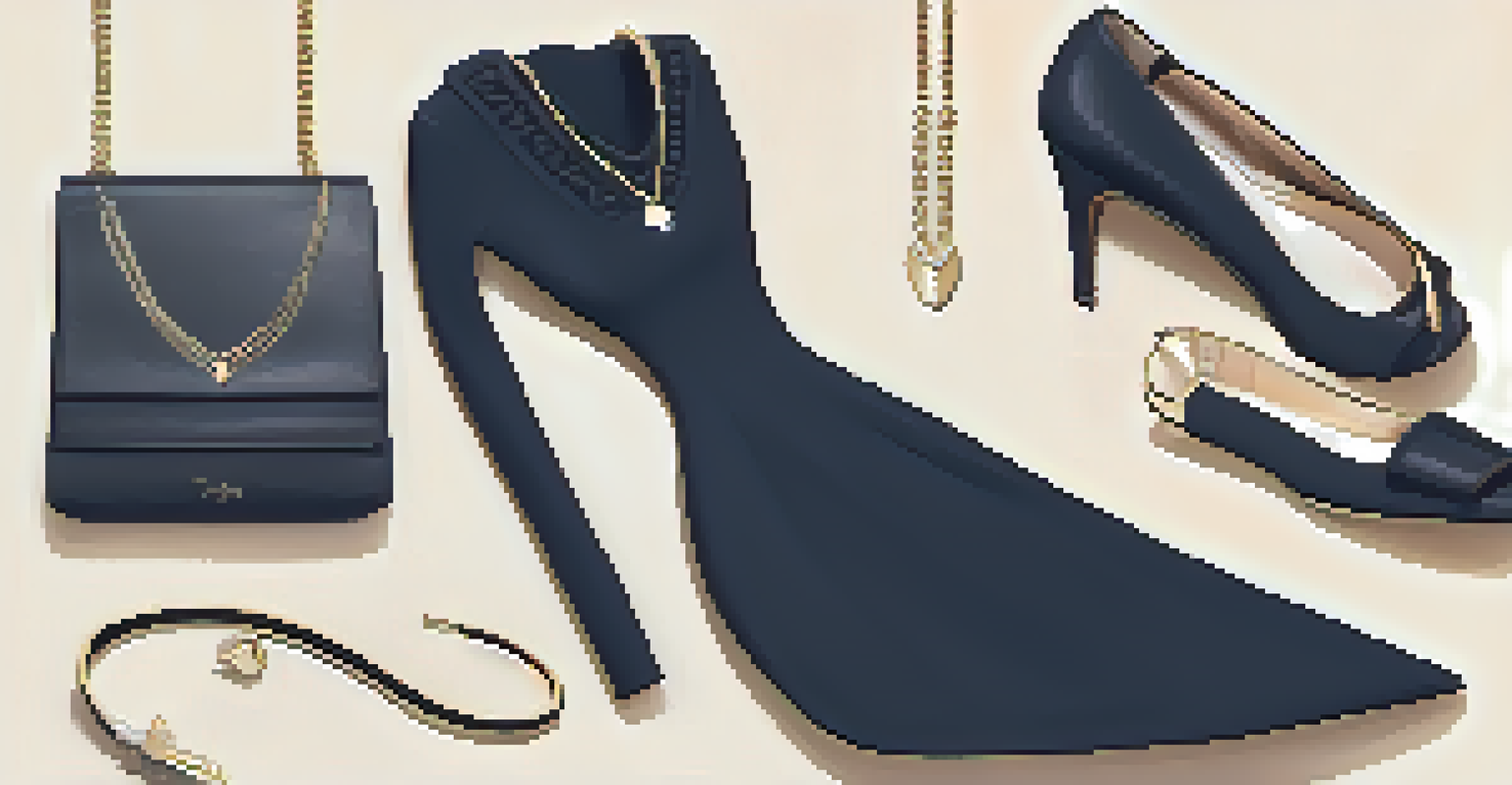 A flat lay image showcasing a classic black dress with neutral accessories on a textured beige fabric background, emphasizing elegance.
