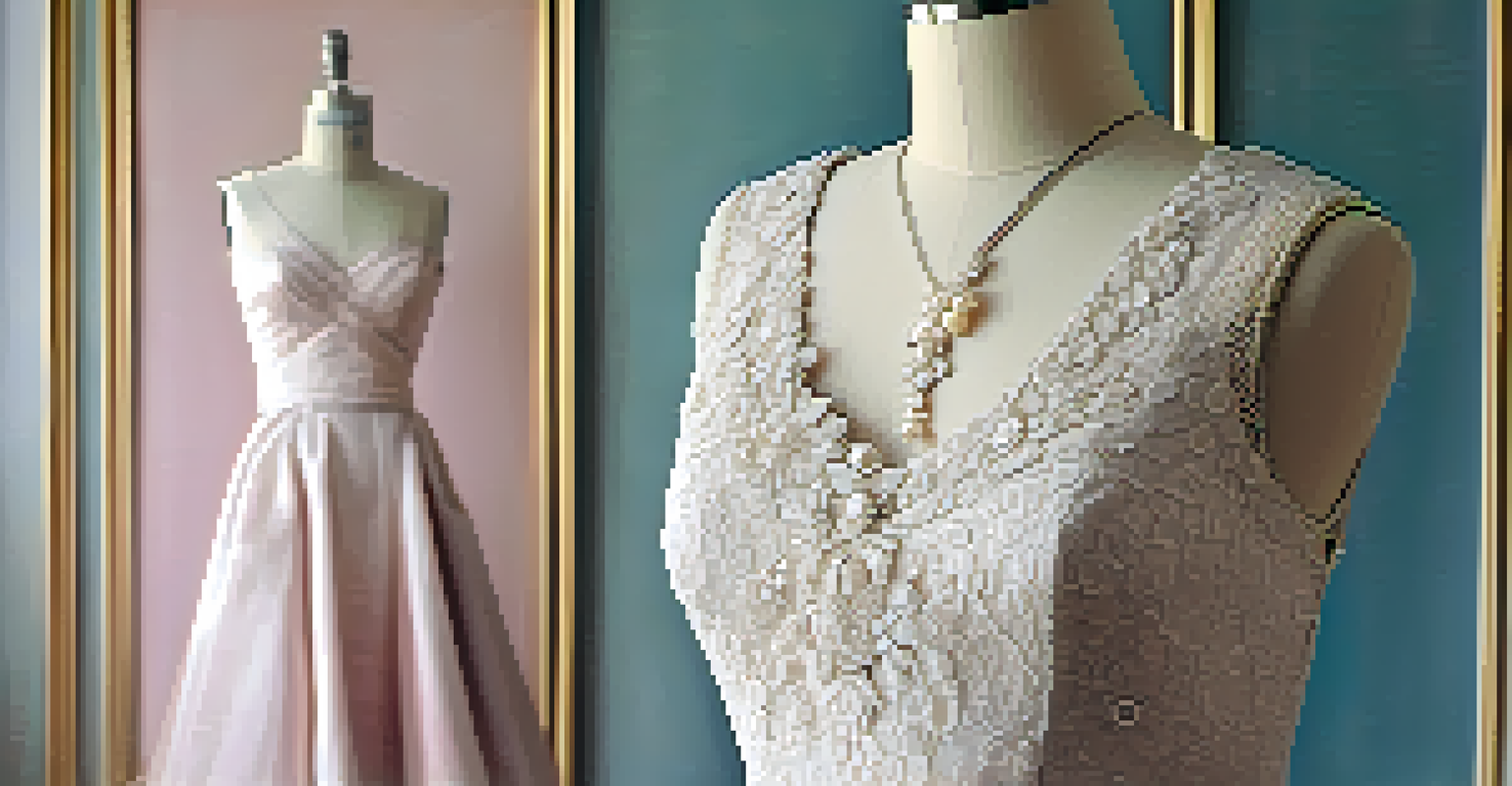 A close-up of a 1950s vintage dress on a mannequin, showcasing intricate lace details and delicate accessories in soft lighting.