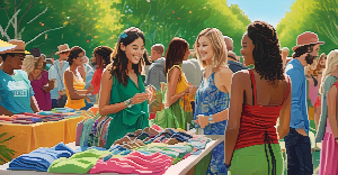 A lively outdoor clothing swap event with diverse participants exchanging sustainable fashion items in a sunny park.