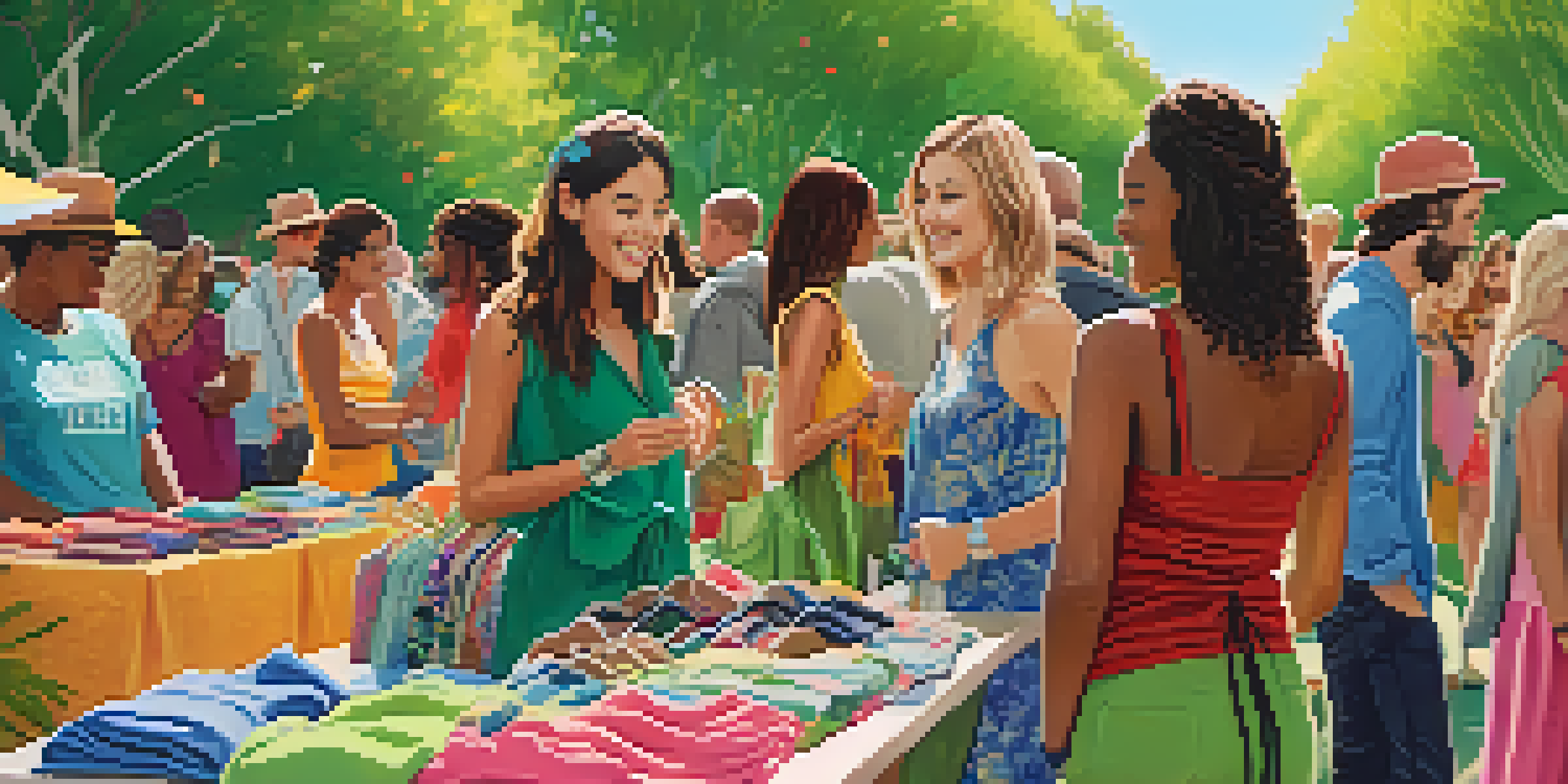 A lively outdoor clothing swap event with diverse participants exchanging sustainable fashion items in a sunny park.