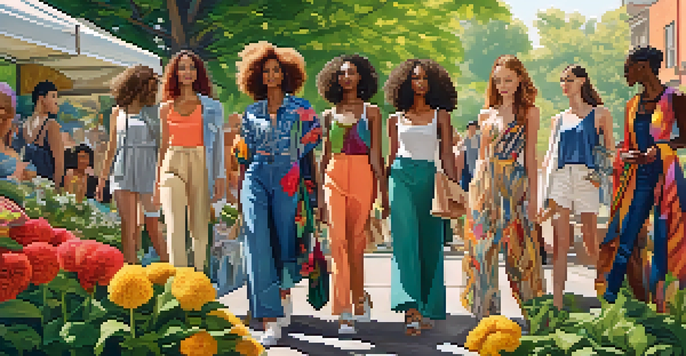 A diverse group of people in a park wearing stylish sustainable clothing, surrounded by greenery and flowers.