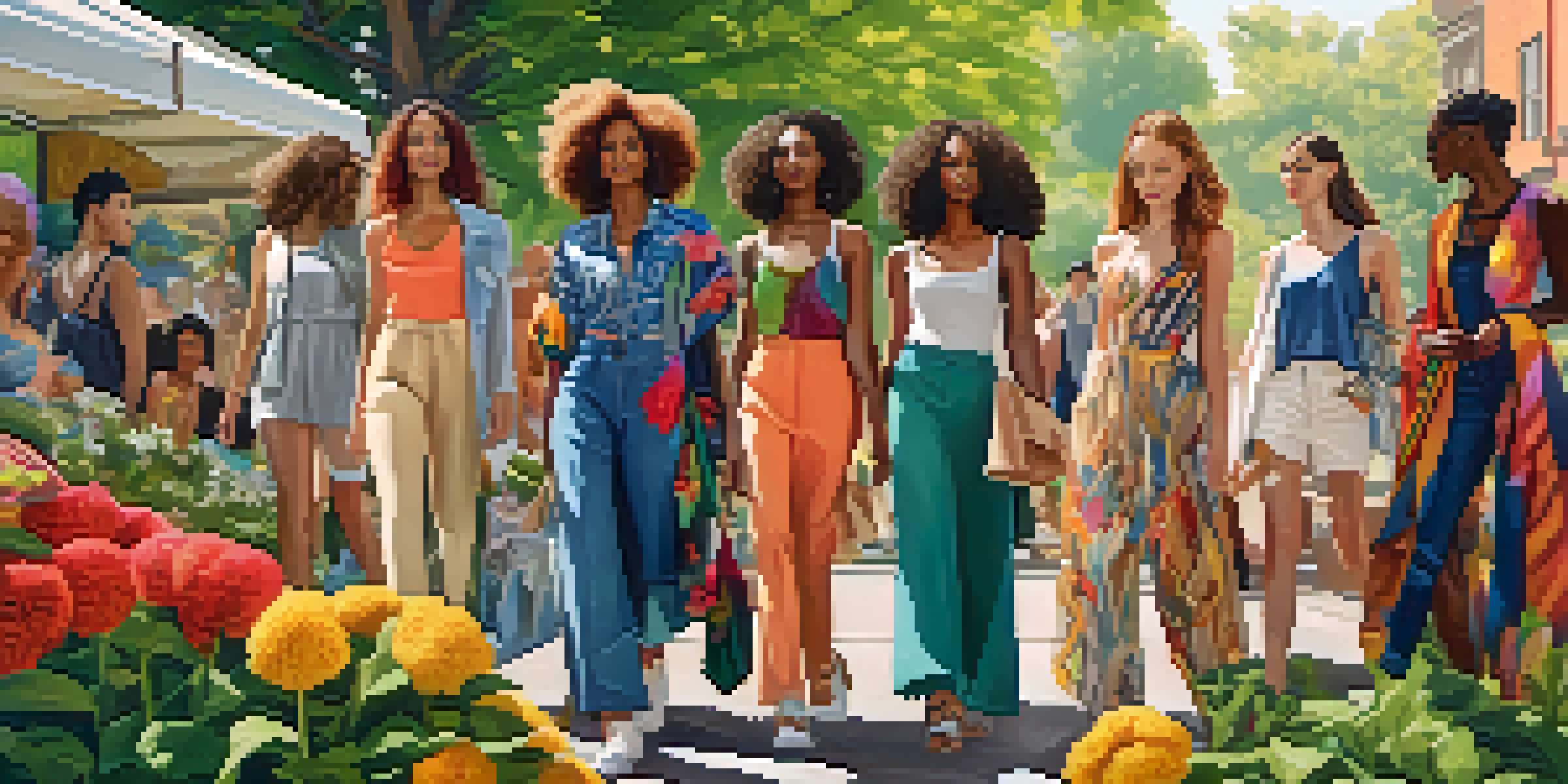 A diverse group of people in a park wearing stylish sustainable clothing, surrounded by greenery and flowers.