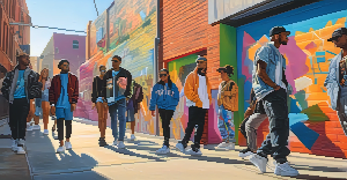A lively street scene with diverse individuals in 90s streetwear and modern sustainable fashion, against a backdrop of colorful graffiti.
