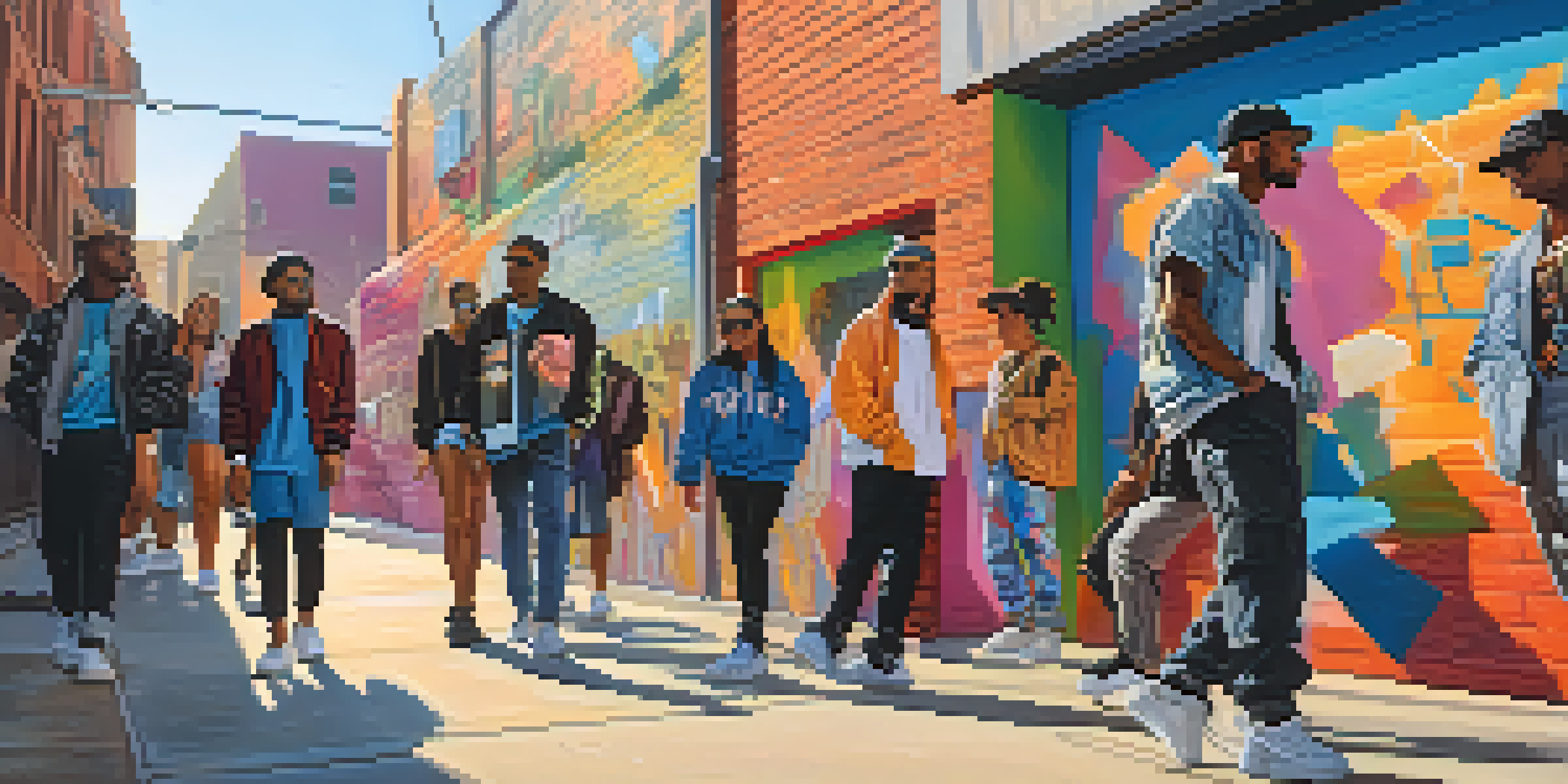 A lively street scene with diverse individuals in 90s streetwear and modern sustainable fashion, against a backdrop of colorful graffiti.