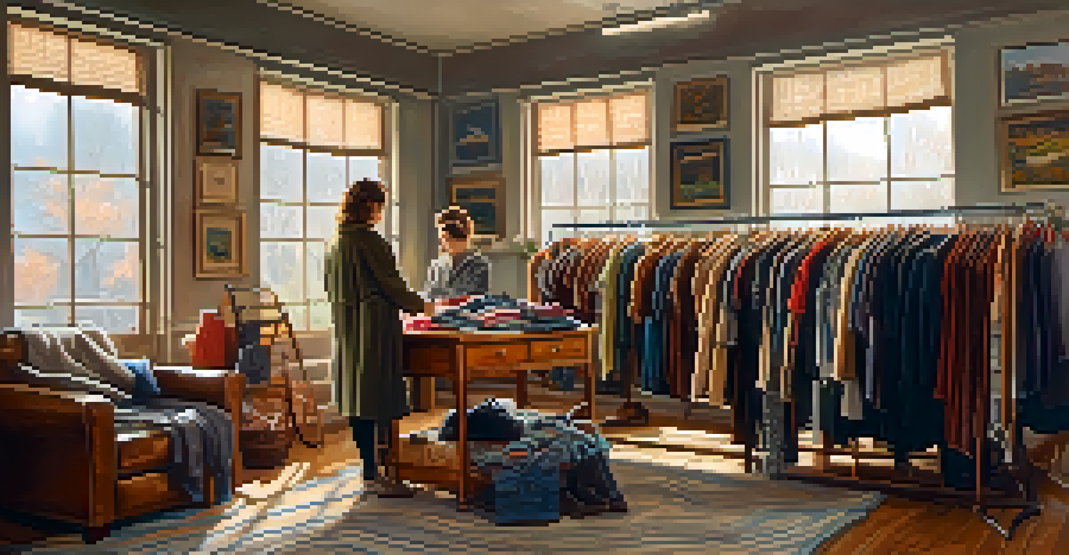 A vintage clothing rack in a cozy thrift store with warm lighting, showcasing unique garments and hands sorting through the clothes.